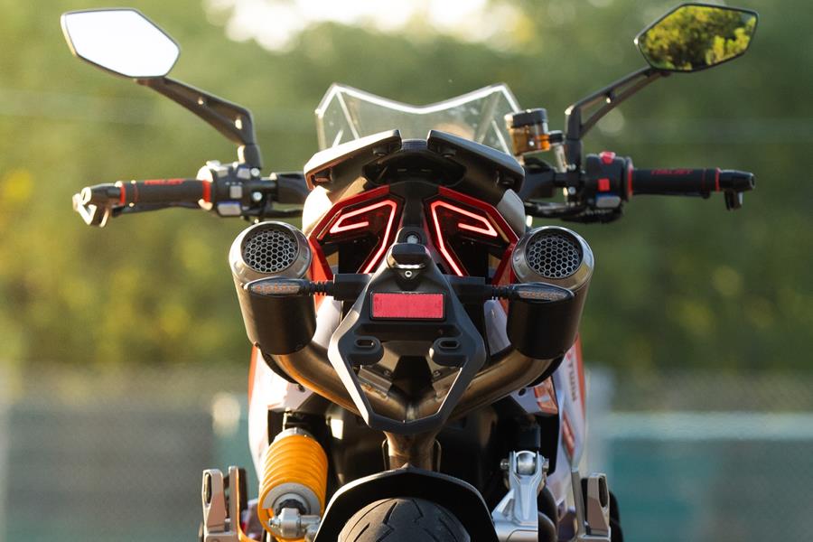2025-on Italjet Dragster 700 Twin Gresini Edition, underseat Akrapovič silencers and LED rear light