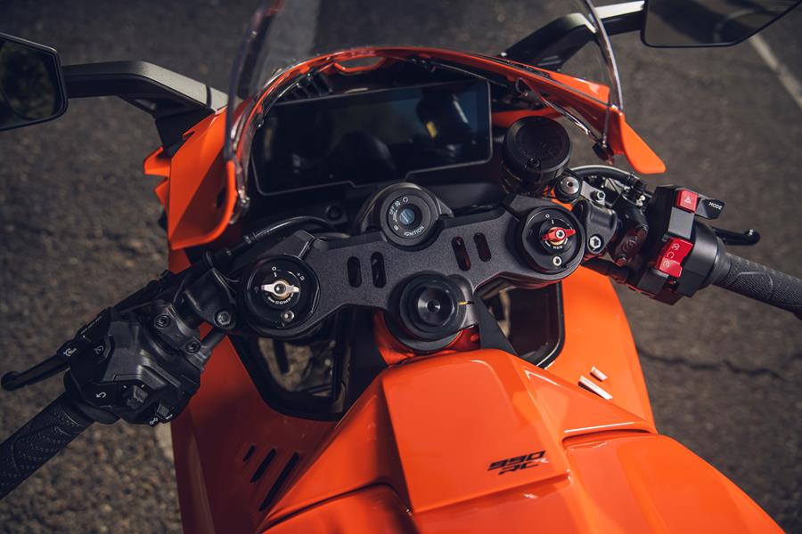2026-on KTM 990 RCR detailed shot of top suspension adjustments