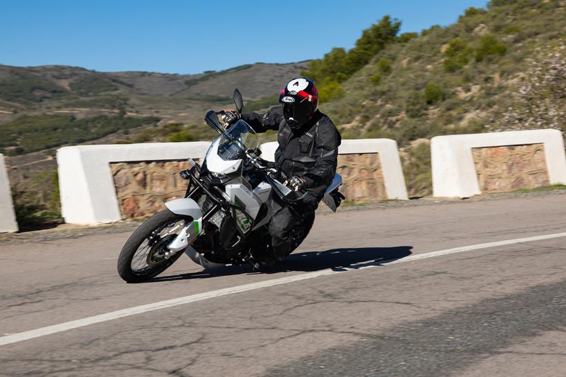 2026-on Kawasaki KLE500 leaning into a corner on tarmac