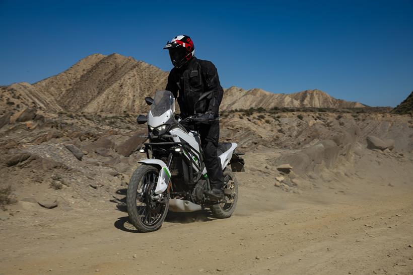 2026-on Kawasaki KLE500 standing up riding towards the camera