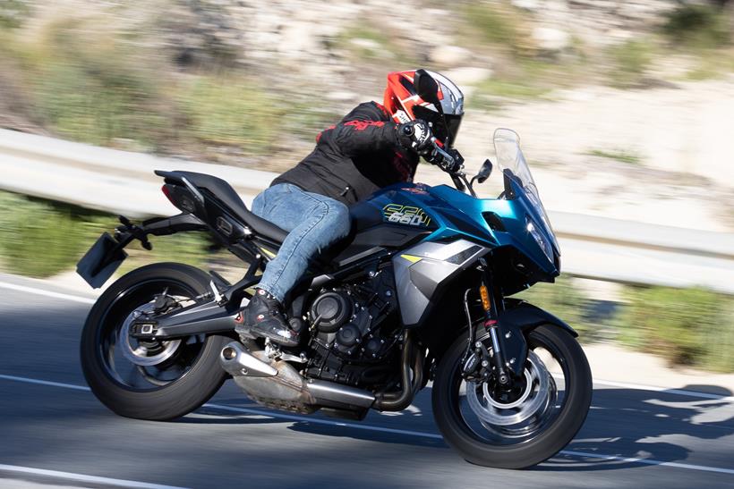 2026-on Triumph Tiger Sport 660, leaning left around a turn