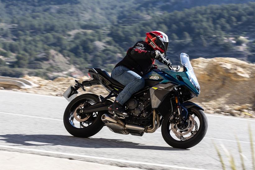 2026-on Triumph Tiger Sport 660, heading into a left turn