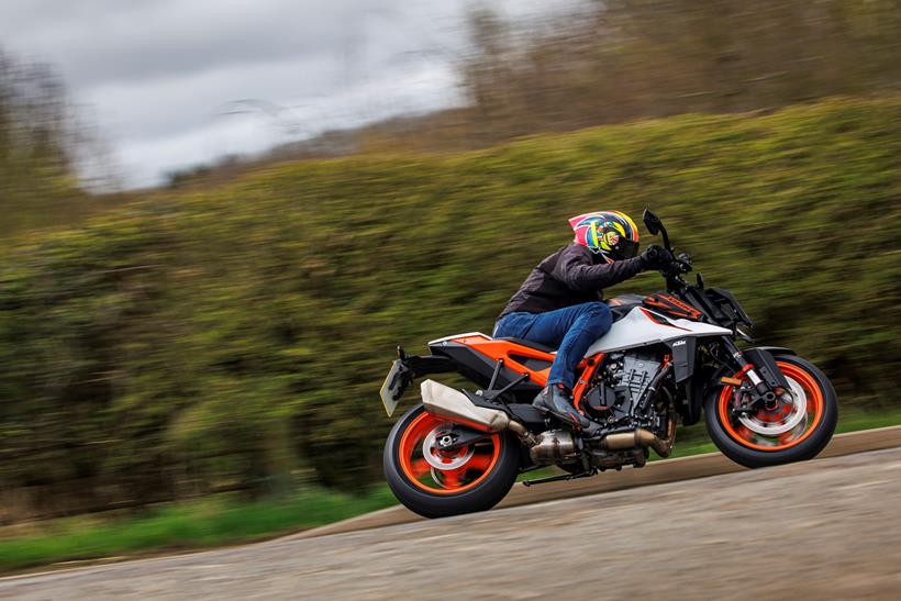 2026-on KTM 990 Duke R leaning into a bend