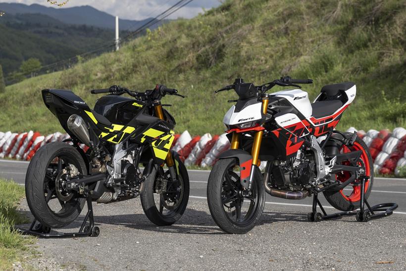 2026-on Fantic Stealth 500, two colour options parked on rear stands