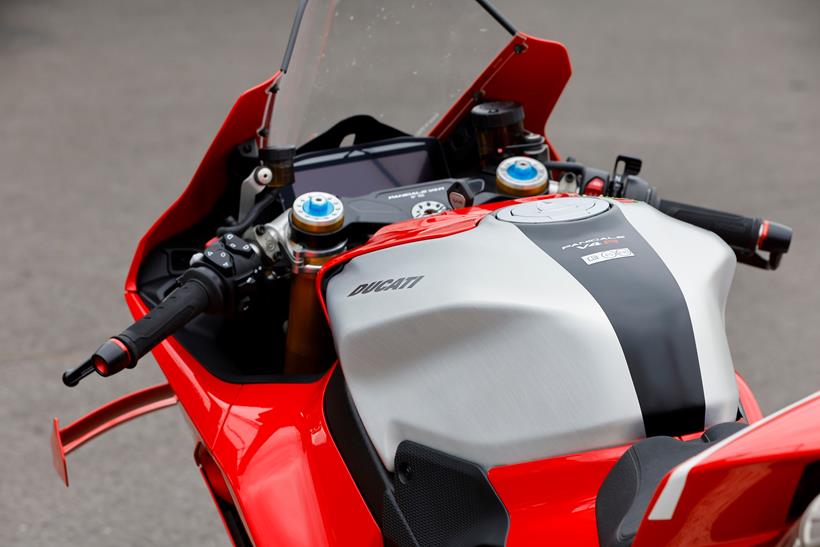 2026-on Ducati Panigale V4 R, close up of fuel tank and rider cockpit