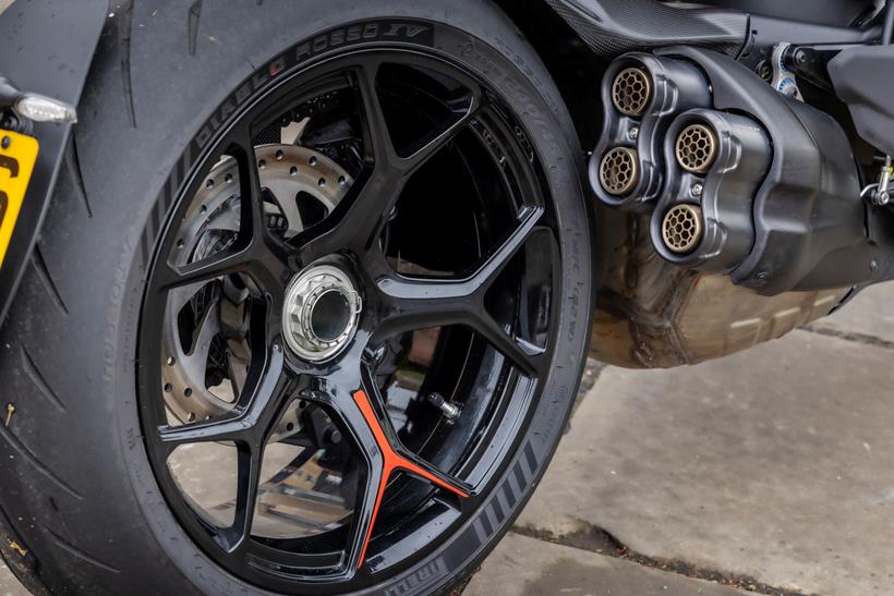 2026-on Ducati Diavel V4 RS rear wheel and exhaust close up