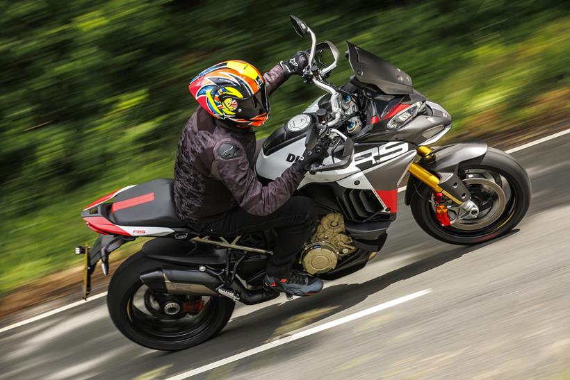 2026-on Ducati Multistrada V4 RS, leaning right on the road