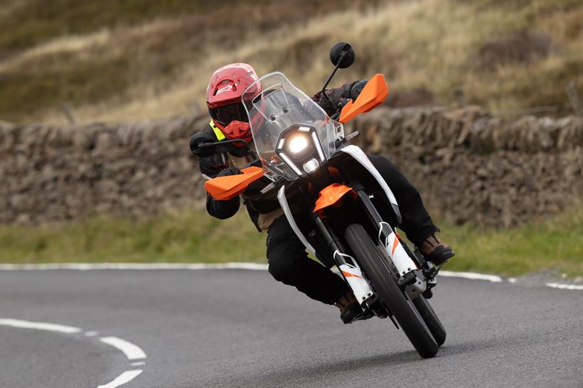 2025-on KTM 390 Adventure R leaning in on the road