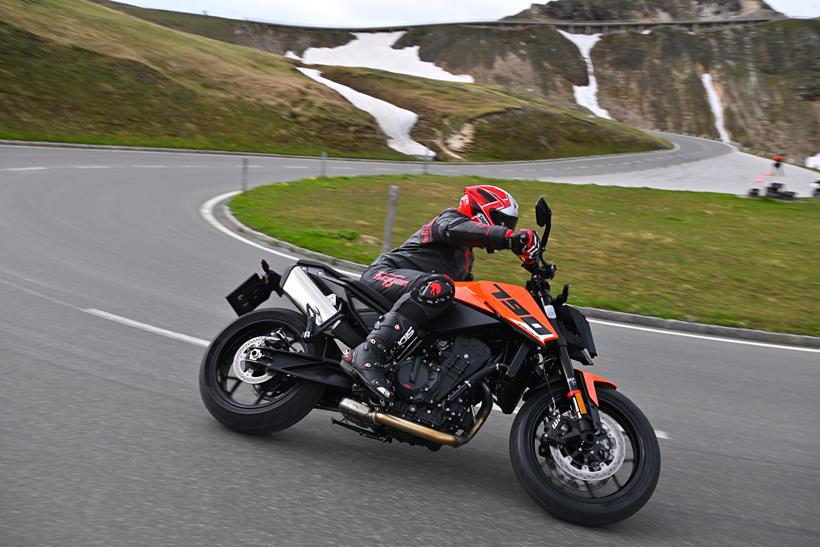 2027-on KTM 790 hanging it into a corner