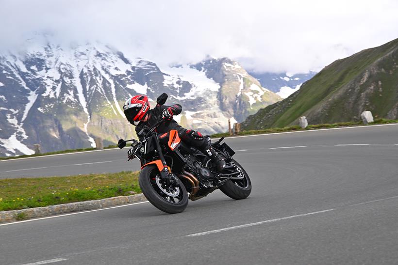 2027-on KTM 790 on a sweeping mountain pass