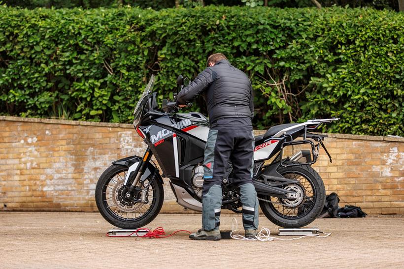 2026-on Moto Morini X-cape 1200 weighing the bike fully fuelled