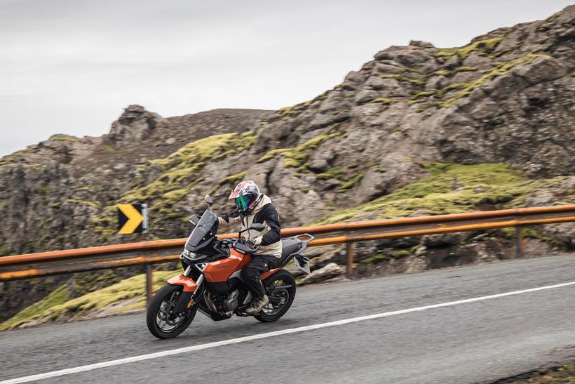 2027-on Norton Atlas Apex leaning into a bend